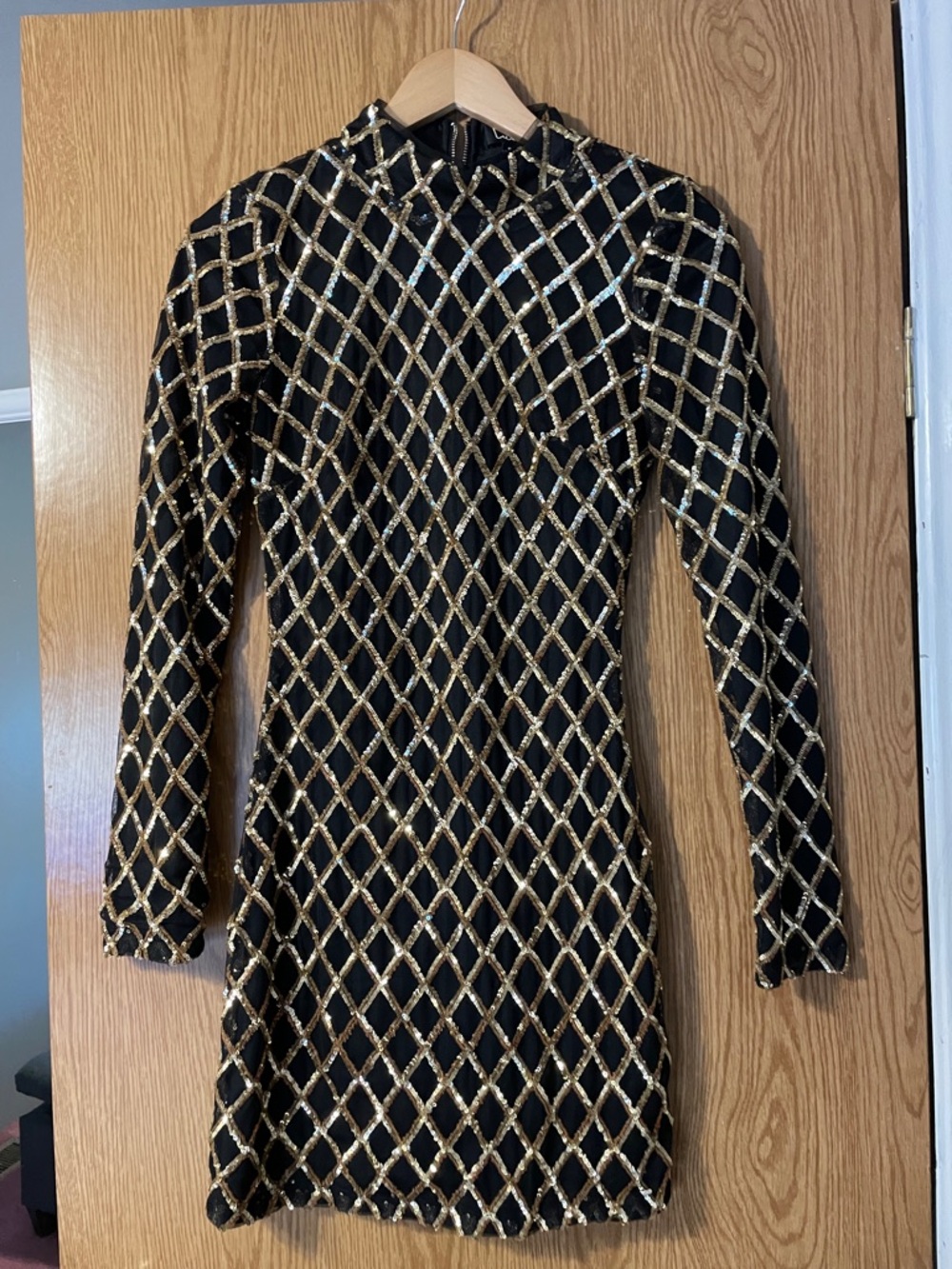 Lulu's Black Long-Sleeve Sequin Lattice Mini Dress